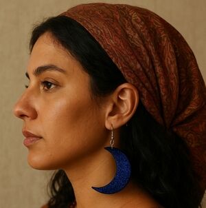 ARTISAN & HANDCRAFTED 2" Wood Crecent Moon Dangle Pierced Earrings HANDPAINTED